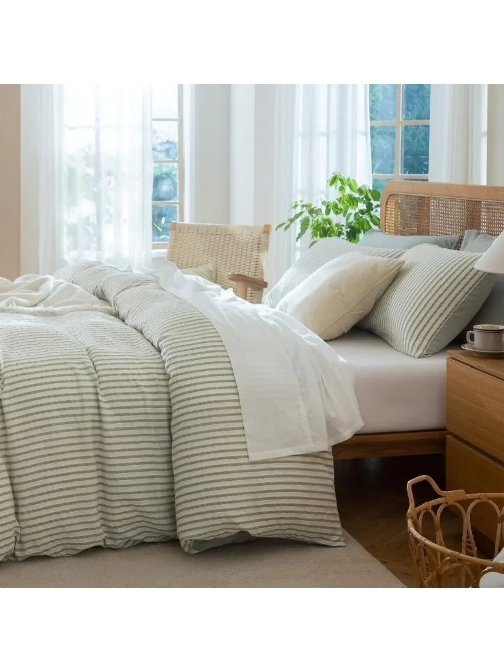 Sage Green Striped King Comforter Set - Soft Microfiber Bedding, 3 Pieces, All